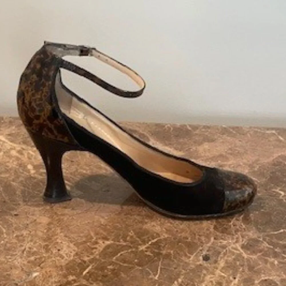Cole Haan Collection Black Suede Ankle Strap with Tortoise Heels – Sz 6.5